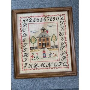 Vintage Art Handmade Cross Stitch Sampler Schoolhouse Framed **Some water damage